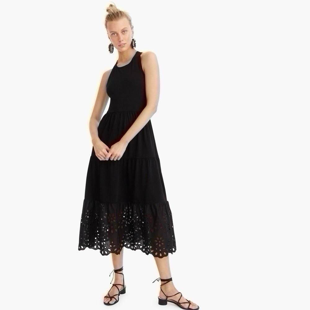 J.Crew Cotton Maxi Eyelet Tiered Bottom Black Dress XXS